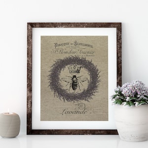 Lavender Bee Linen Print for Framing, Bee Wall Art