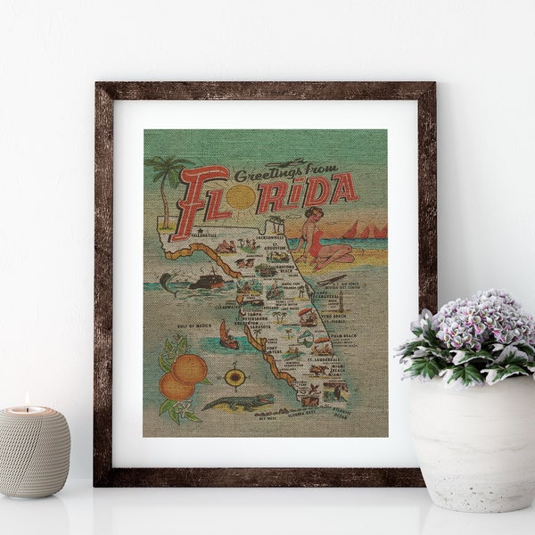 Greetings From Florida Map Linen Print for Framing, Florida Artwork