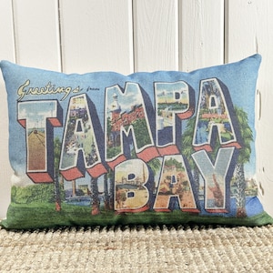 Tampa Bay Lumbar Pillow |  Tampa, Florida Postcard Decor | Coastal Throw Pillow | Linen Pillow | 18&quot; W x 12&quot; H |