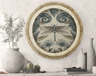 Dragonfly Wall Art | 20" x 20" | Eclectic Wall Decor | Linen & Wood Handmade Art | Fern Decor | Floral