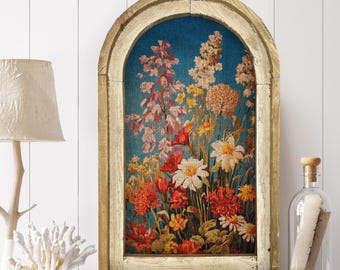 Flower Art in Arched Wood Frame | Farmhouse Botanical Wall Decor | Wildflower Field Art | Rustic Flower Farm | Cottagecore