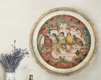 French Farmhouse Wall Art | 20" x 20" | Cottage Wall Decor | Linen & Wood Handmade Art | Birds and Roses Decor | Flowers