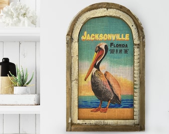 Jacksonville, Florida Wall Art | Florida Postcard | Coastal Wall Decor | Pelican Wall Art | Beach House | Wood & Linen Wall Art |