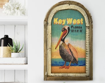 Key West, Florida Wall Art | Florida Postcard | Coastal Wall Decor | Pelican Wall Art | Beach House | Wood & Linen Wall Art |