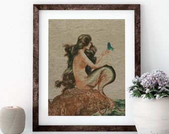 Mermaid Linen Print for Framing, Nautical Artwork