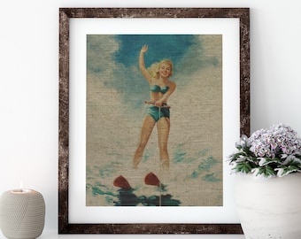 Water Skiing Linen Print for Framing, Florida Artwork