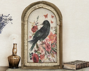 Raven Wall Art | 14&quot; x 22&quot; | Arch Window Frame | Bohemian Wall Hanging | Eclectic Decor | Crow
