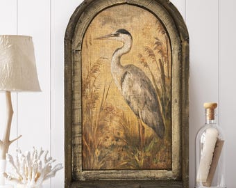 Heron Wall Art | Coastal Wall Decor | Linen & Distressed Wood Wall Hanging | Bathroom Decor | Florida Decor