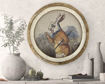 White Rabbit Wall Art | 20" x 20" | Eclectic Wall Decor | Linen & Burlap Handmade Art | Mid Century Decor | Boho