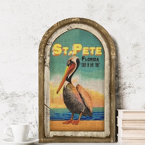 St. Petersburg, Florida Wall Art | Florida Postcard | Coastal Wall Decor | Pelican Wall Art | Beach House | Wood & Linen Wall Art |