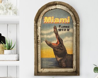 Miami, Florida Wall Art | Florida Postcard | Coastal Wall Decor | Alligator Wall Art | Gator | Wood & Linen Wall Art |
