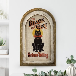 Fortune Telling Wall Art | 14" x 22" | Arch Window Frame | Linen Wall Hanging | Eclectic Decor | Black Cat
