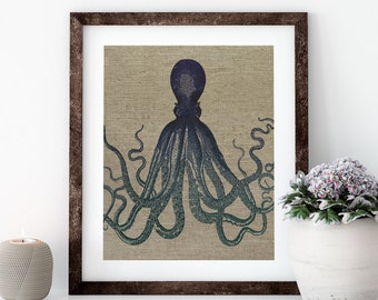 Navy Octopus Linen Print for Framing, Nautical Artwork