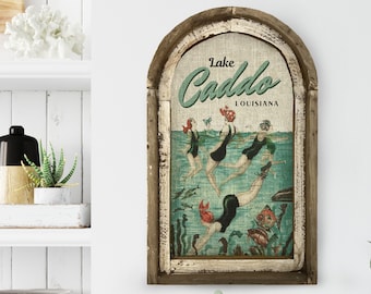 Lake Caddo Wall Art | Louisiana Travel Poster | Coastal Wall Decor | Lake Wall Art | Handmade Wood & Linen Wall Art |