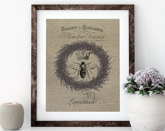 Lavender Bee Linen Print for Framing, Bee Wall Art