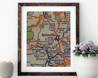 Asheville Map Linen Print for Framing, North Carolina Wall Art