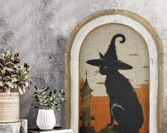 Black Cat Wall Decor | Halloween Decor | Spooky Wooden Wall Art | Gothic Wall Decor | Eclectic Framed Art | 14" x 22"