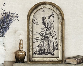 Rabbit Wall Art | 14" x 22" | Arch Window Frame | Linen Wall Hanging | Rustic Farmhouse Decor |