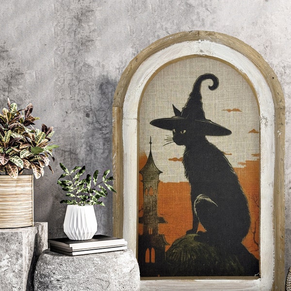 Black Cat Wall Decor | Halloween Decor | Spooky Wooden Wall Art | Gothic Wall Decor | Eclectic Framed Art | 14" x 22"