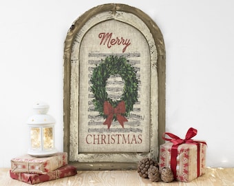 Christmas Wreath Wall Decor | 14" x 22" | Arch Window Frame | Winter Wall Hanging | Farmhouse Xmas Decor |