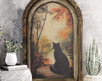 Autumn Landscape  Wall Art | Fall Decor | Black Cat Wall Art | Halloween Wall Decor | Eclectic Framed Art | 14" x 22"