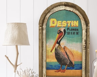 Destin, Florida Wall Art | Florida Postcard | Coastal Wall Decor | Pelican Wall Art | Beach House | Wood & Linen Wall Art |