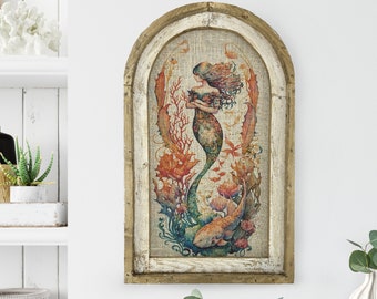 Mermaid Wall Art | 14&quot; x 22&quot; | French Poster Wall Art | Linen Wall Hanging | Coastal Bathroom Decor |