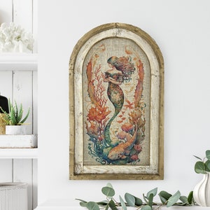 Mermaid Wall Art | 14" x 22" | French Poster Wall Art | Linen Wall Hanging | Coastal Bathroom Decor |