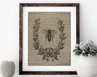 Bee with Script Linen Print for Framing, Bee Wall Art
