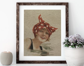 Women Swimming Postcard Linen Print for Framing, Florida Artwork