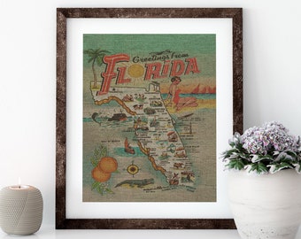 Greetings From Florida Map Linen Print for Framing, Florida Artwork