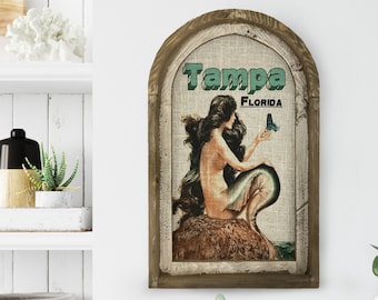 Tampa, Florida Wall Art | Florida Postcard | Coastal Wall Decor | Mermaid Wall Art | Beach House | Wood & Linen Wall Art | Butterfly