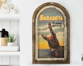 Sarasota, Florida Wall Art | Florida Postcard | Coastal Wall Decor | Alligator Wall Art | Gator | Wood & Linen Wall Art |