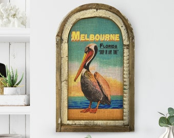 Melbourne, Florida Wall Art | Florida Postcard | Coastal Wall Decor | Pelican Wall Art | Beach House | Wood & Linen Wall Art |