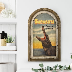 Sarasota, Florida Wall Art | Florida Postcard | Coastal Wall Decor | Alligator Wall Art | Gator | Wood & Linen Wall Art |