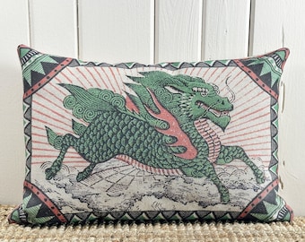 Green Dragon Throw Pillow | Eclectic Decor | Linen Lumbar Pillow | Chinoiserie Pillow | Bohemian | Minimalist Decor | 18" W x 12" H |