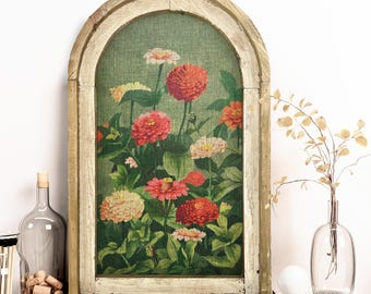 Floral Wall Art in Arched Wood Frame | Farmhouse Botanical Wall Decor | Wildflower Field Art | Rustic Flower Farm | Cottagecore