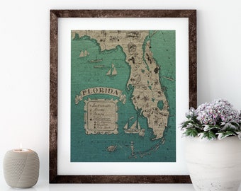 Blue Florida Map Linen Print for Framing, Florida Artwork