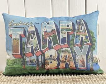 Tampa Bay Lumbar Pillow |  Tampa, Florida Postcard Decor | Coastal Throw Pillow | Linen Pillow | 18" W x 12" H |