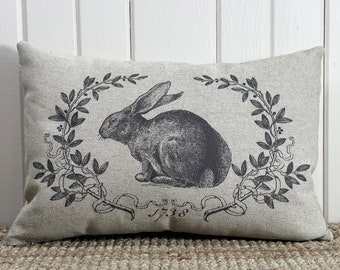 Rabbit Linen Throw Pillow | Farmhouse Decor | Hare Lumbar Pillow | Grainsack Pillow | 18" W x 12" H |