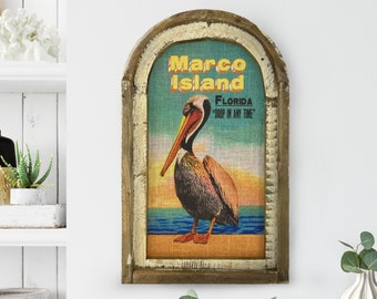Marco Island, Florida Wall Art | Florida Postcard | Coastal Wall Decor | Pelican Wall Art | Beach House | Wood & Linen Wall Art |