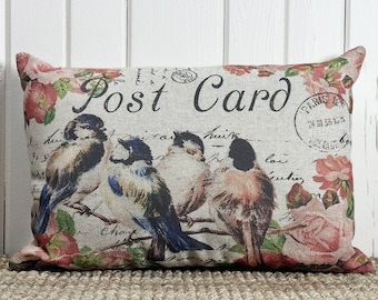 Birds Postcard Throw Pillow | Modern Farmhouse Decor | Shabby Chic Lumbar Pillow | Country Pillow | 18" W x 12" H |