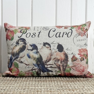 Birds Postcard Throw Pillow | Modern Farmhouse Decor | Shabby Chic Lumbar Pillow | Country Pillow | 18&quot; W x 12&quot; H |