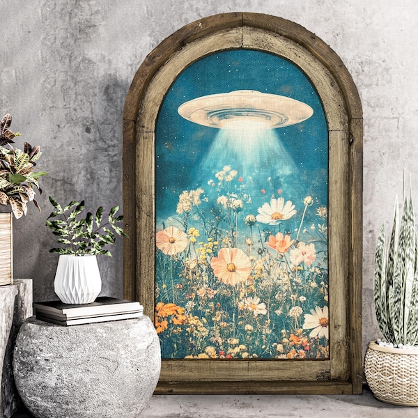 Eclectic Wall Art in Solid Wood Arched Frame | Cottagecore Wall Decor | Moody Floral Wall Art | Boho Gift | Whimsical Blue Flowers with UFO