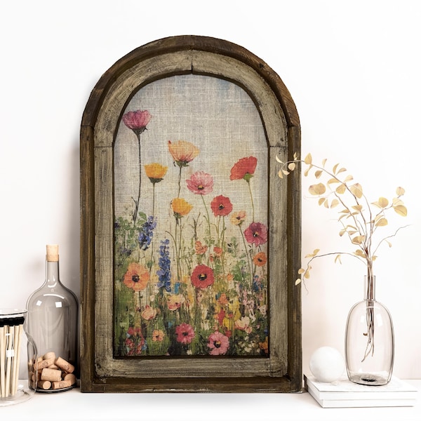 Flower Art in Arched Wood Frame | Farmhouse Botanical Wall Decor | Wildflower Field Art | Rustic Flower Farm | Cottagecore