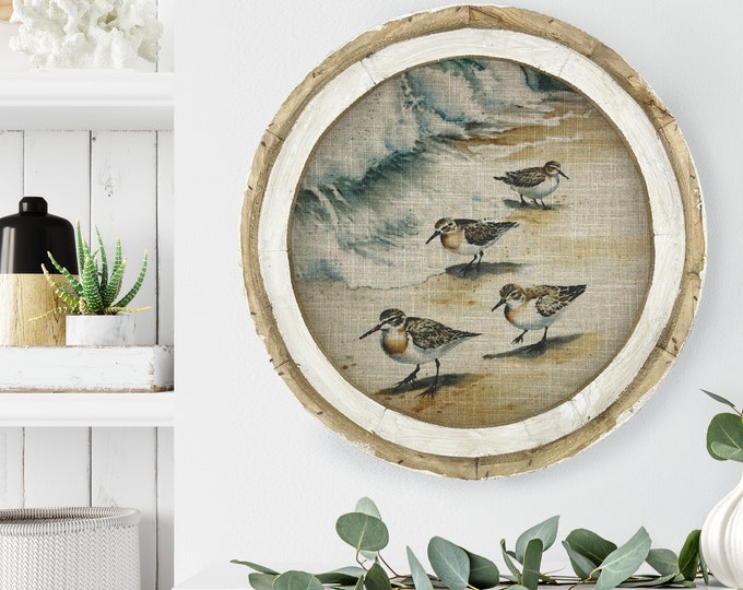 Beach Wall Art Bathroom Wall Decor Coastal Decor Linen & Wood Round