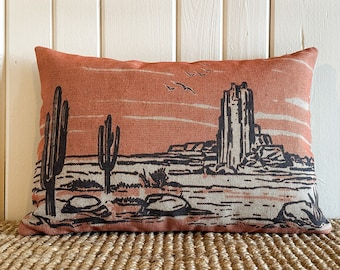 Western Throw Pillow | Southwestern Decor | Cactus Lumbar Pillow | Orange Boho Pillow | 18" W x 12" H |