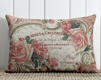 French Roses Throw Pillow | Modern Farmhouse Decor | Shabby Chic Lumbar Pillow | Country Pillow | 18" W x 12" H |