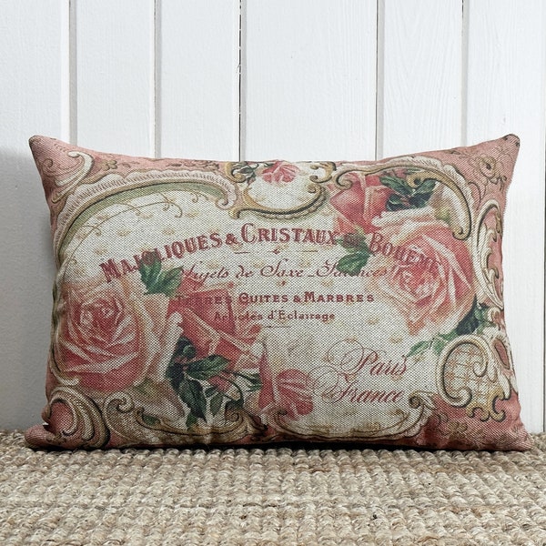 French Roses Throw Pillow | Modern Farmhouse Decor | Shabby Chic Lumbar Pillow | Country Pillow | 18" W x 12" H |