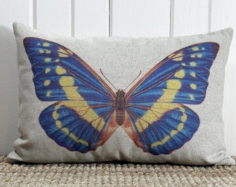 Blue Butterfly Throw Pillow | Modern Farmhouse Decor | Eclectic Lumbar Pillow | Country Pillow | 18" W x 12" H |